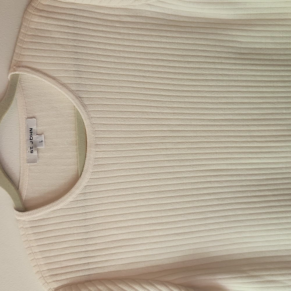 St. John Large Top Santana Knit Cream Ribbed Short Sleeve Office Minimal Capsule - Picture 2 of 10